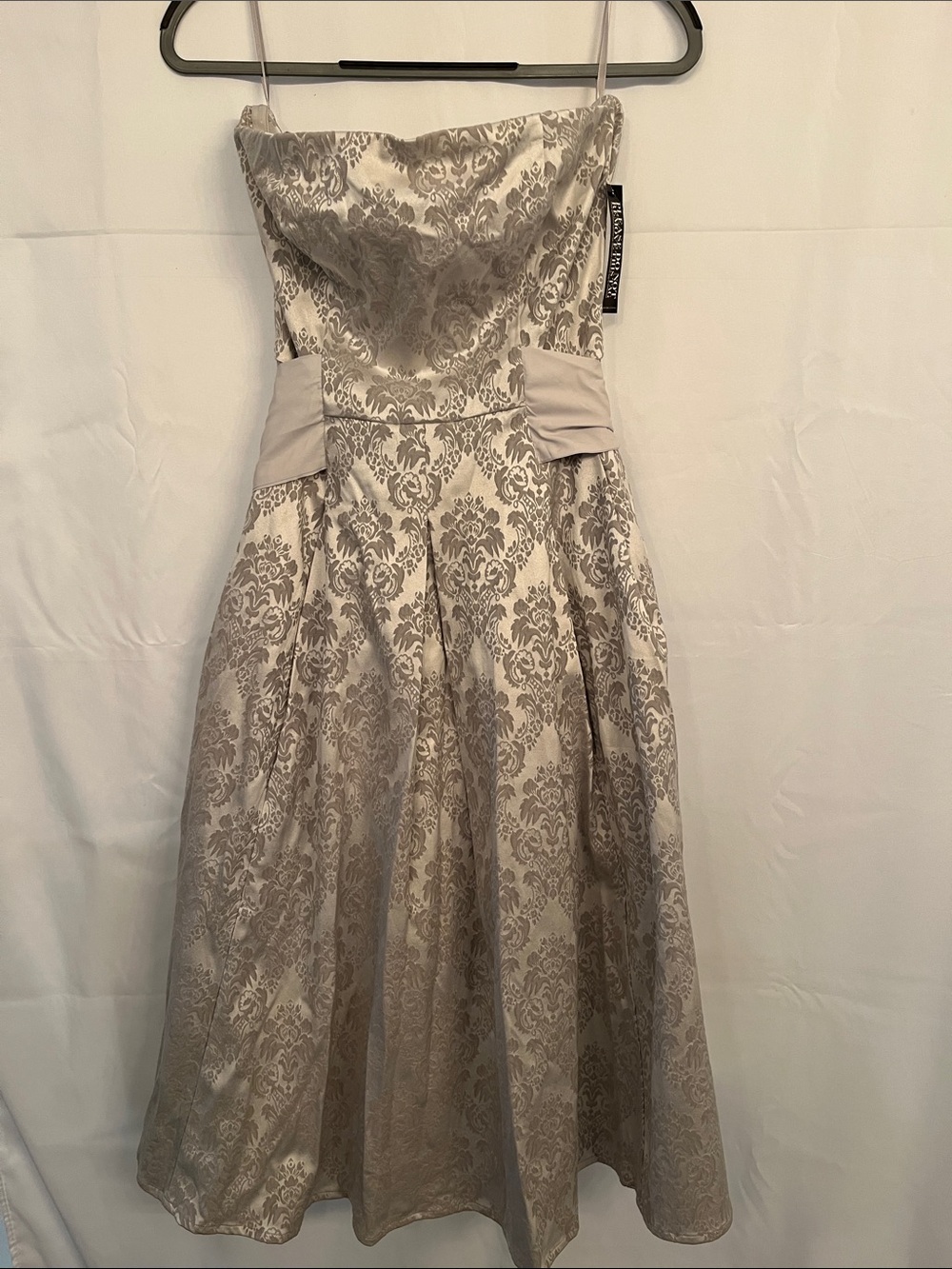 Strapless Brocade Midi Dress in silver
